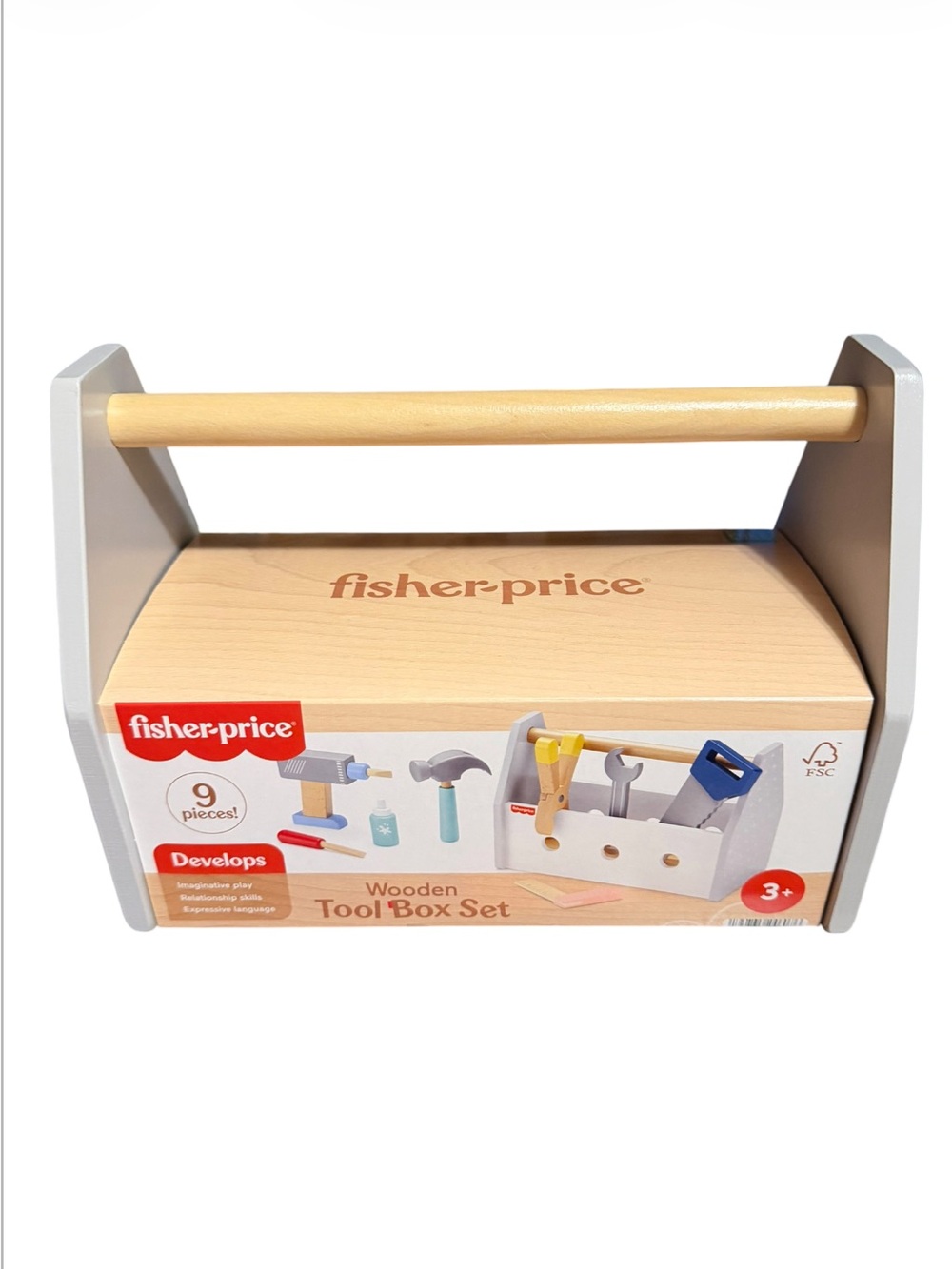 Fisher-Price Wooden Tool Box with Toy Drill, 9 Wood Pieces Ages 3+ NEW